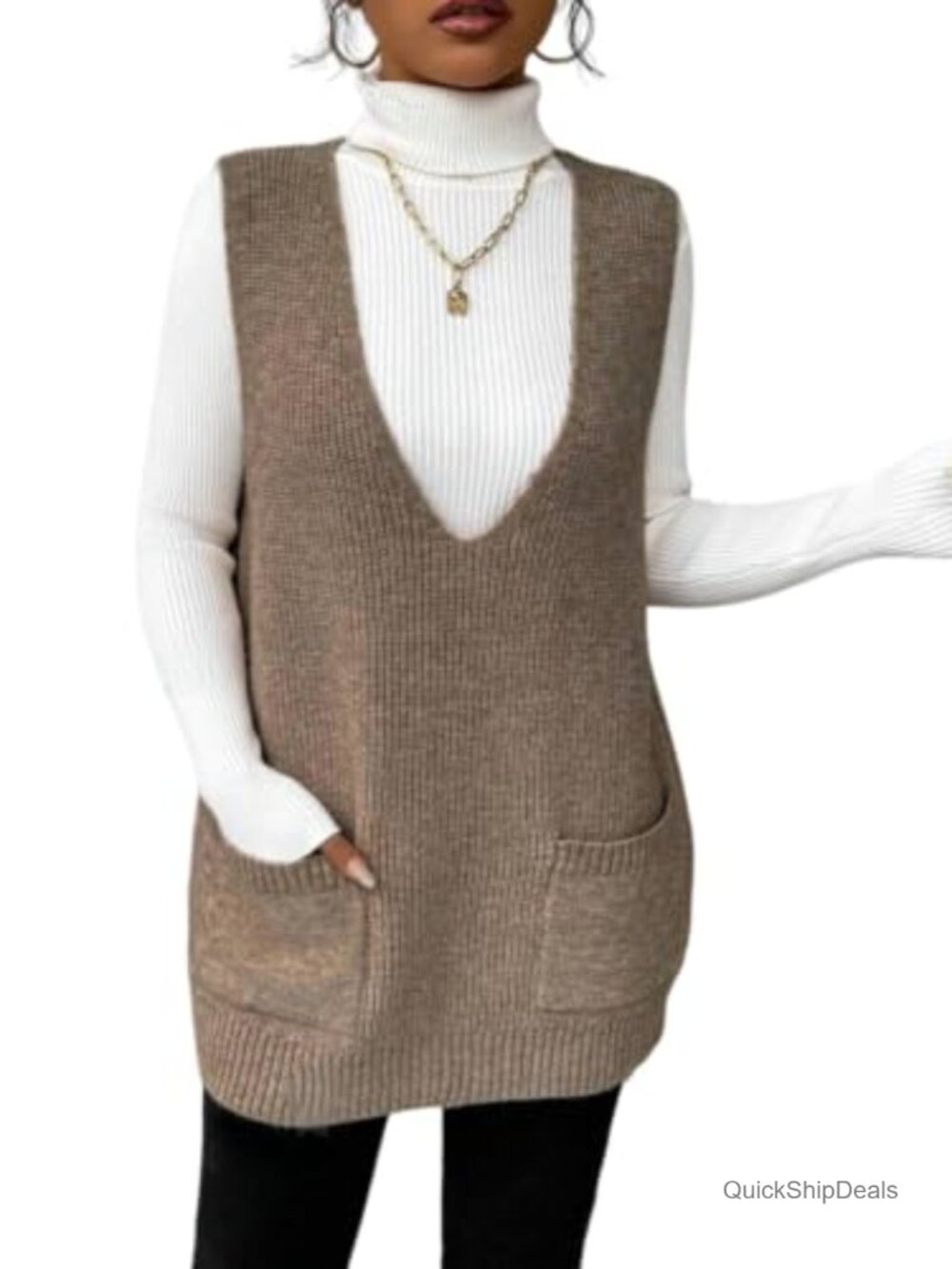 V Neck Sleeveless Knit Sweater Vest Dress with Pockets Loose Fit Tunic